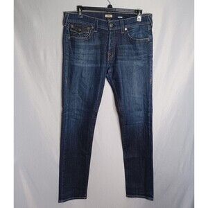True Religion Jeans Mens 36 Blue Denim Rocco Relaxed Skinny Button Fly Made USA